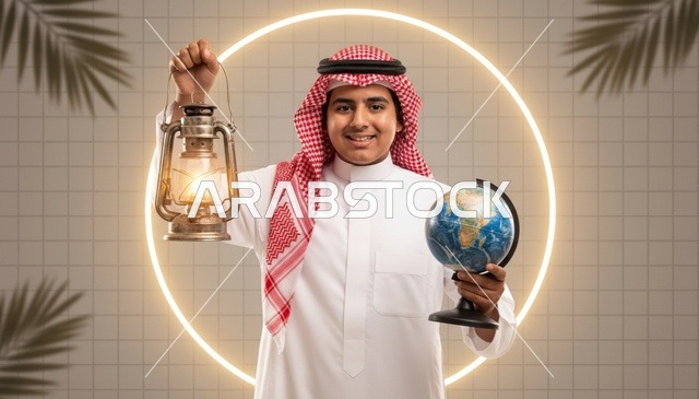 شاب سعودي بالزي التقليدي يمسك فانوساً وكرة أرضية