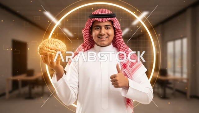 رجل سعودي يحمل نموذج دماغ مضيئ مع إيماءة الإعجاب