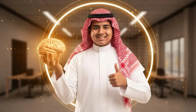 رجل سعودي يحمل نموذج دماغ مضيئ مع إيماءة الإعجاب