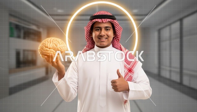 رجل سعودي يمسك نموذج دماغ متوهج مع علامة إعجاب