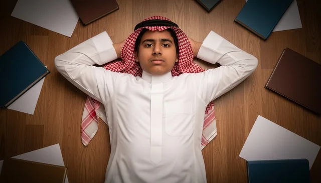 Saudi Student in Traditional Thobe Lying with Books