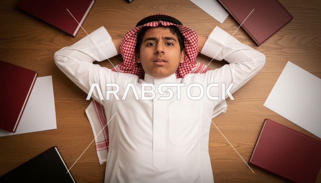 طالب سعودي شاب يستلقي على الأرض بين الكتب