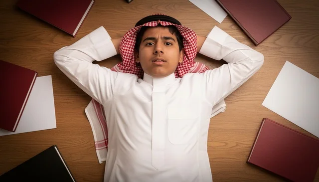 طالب سعودي شاب يستلقي على الأرض بين الكتب
