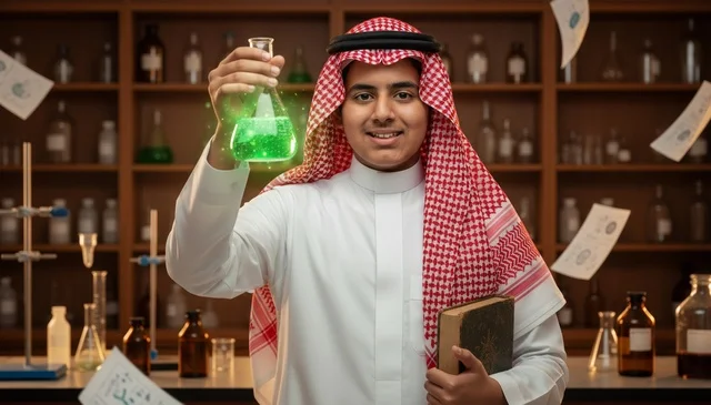 Saudi Student in Chemistry Lab with Glowing Flask