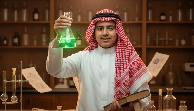Saudi Male Student with Glowing Flask in Science Lab