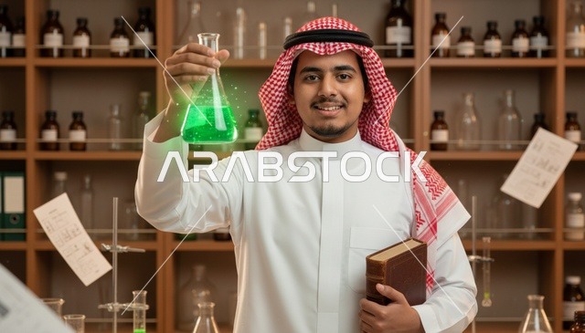 عالم كيميائي سعودي في المختبر يمسك دورقاً زجاجياً وكتاباً
