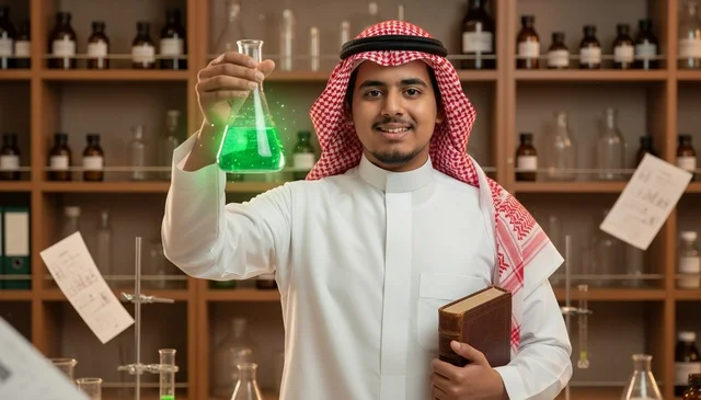 Saudi Scientist in Laboratory Holding Flask and Book