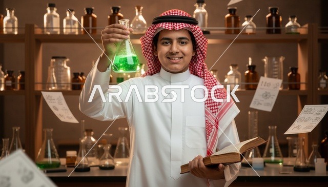 طالب سعودي في المختبر يحمل دورق تجارب علمية