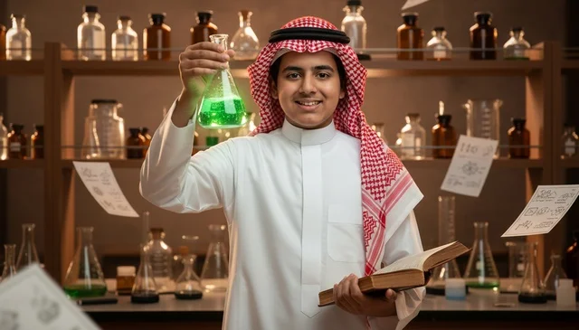 Saudi Student in Laboratory with Science Flask