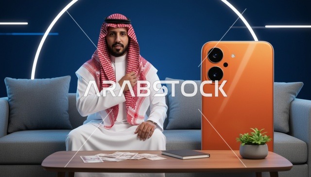 رجل سعودي مع هاتف ذكي ونقود في غرفة حديثة