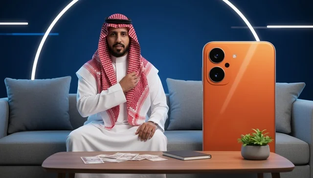 Saudi Man with Smartphone and Cash in Modern Room