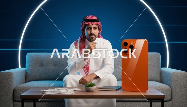 رجل سعودي مع هاتف برتقالي كبير وأموال نقدية