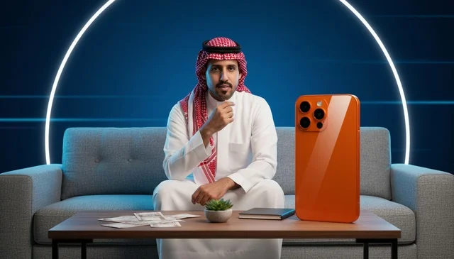 Saudi Man with Orange Smartphone and Cash Stacks
