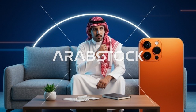 رجل سعودي مع هاتف ذكي ضخم وعملات ورقية