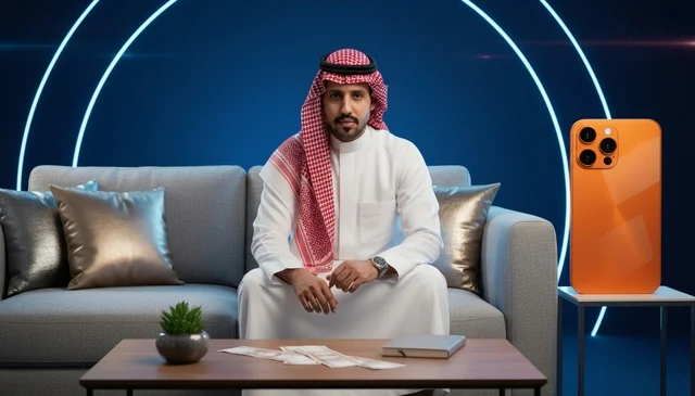 Saudi Man in Traditional Dress with Smartphone and Money