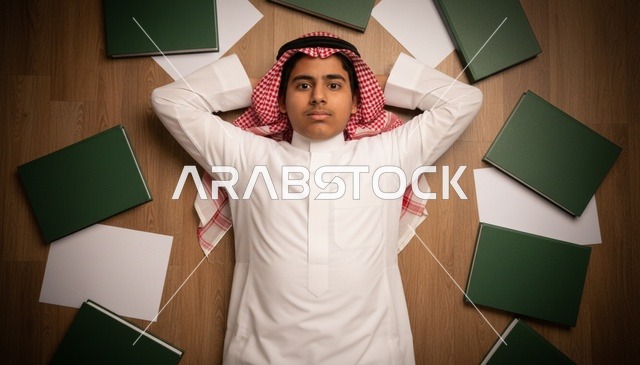 طالب سعودي يستلقي مع الكتب على أرضية خشبية