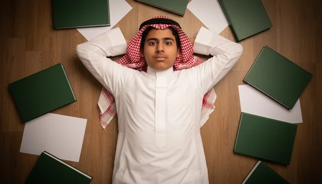 طالب سعودي يستلقي مع الكتب على أرضية خشبية طالب سعودي يستلقي مع الكتب على أرضية خشبية