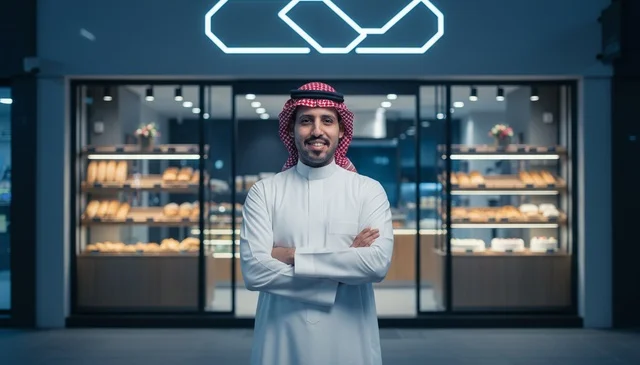 رائد أعمال سعودي يقف أمام مخبز في وقت المساء