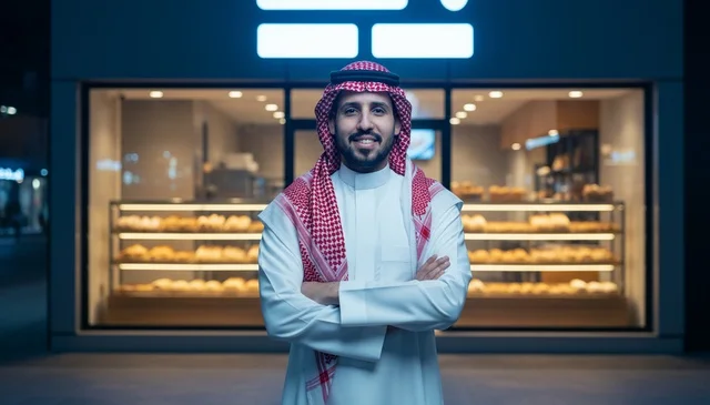 رائد أعمال سعودي يقف أمام مخبزه في المساء