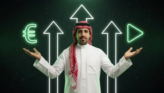 رجل أعمال سعودي مع أيقونات نمو مالي رقمية