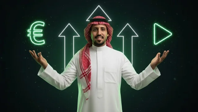 Saudi Businessman with Financial Growth Neon Symbols