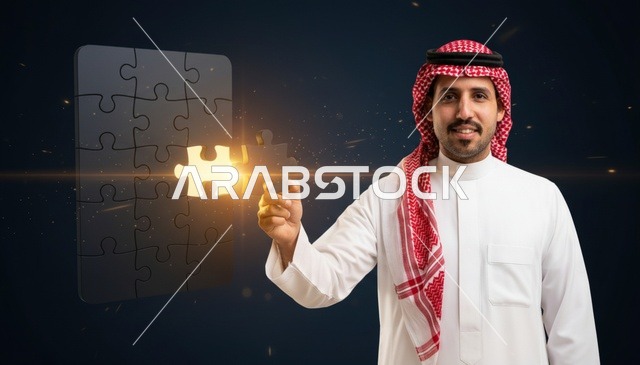 رجل سعودي يحمل قطعة أحجية متوهجة لحل المشكلات والأعمال