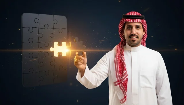 Saudi Man Holding Glowing Puzzle Piece Business Solution