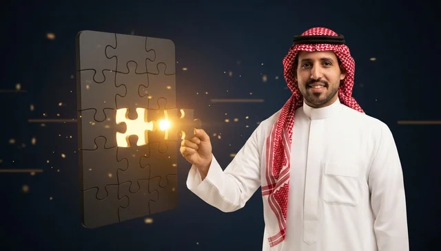 رجل سعودي بالزي التقليدي يكمل قطعة أحجية ذهبية