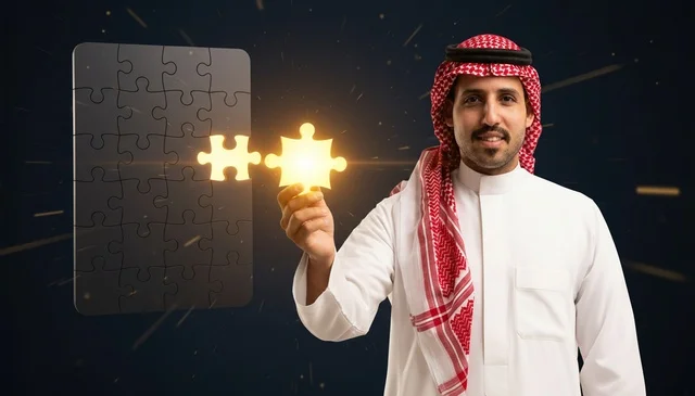 Saudi Man Holding Glowing Puzzle Piece Business Solution