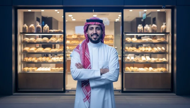 Saudi Business Owner Standing in Front of Bakery