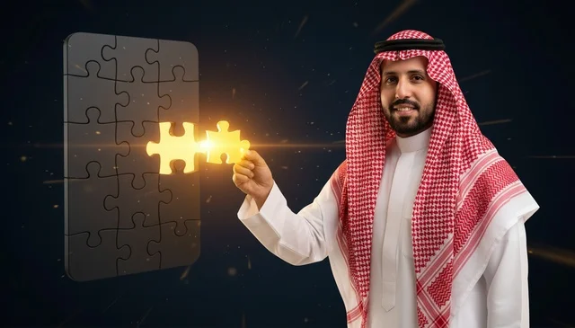 رجل سعودي يحمل قطعة أحجية ذهبية متوهجة