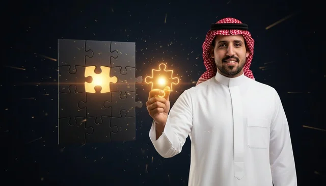 Saudi Man Solving Puzzle with Glowing Piece