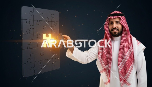 رجل سعودي مع حل أحجية رقمية متوهجة