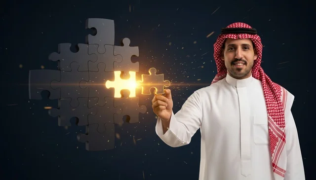 Saudi Businessman Holding Glowing Puzzle Piece
