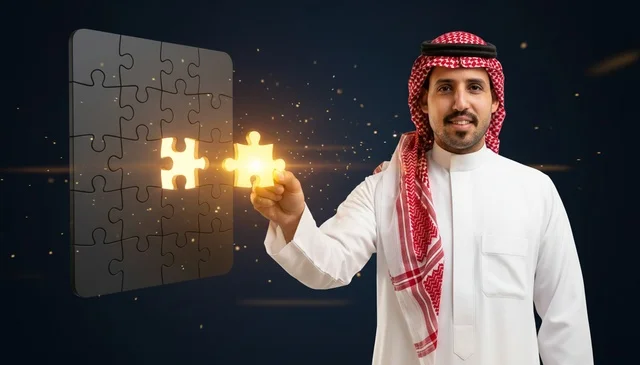 Saudi Man Holding Glowing Business Puzzle Piece