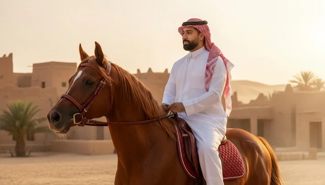 Saudi Man Riding Arabian Horse in Heritage Village