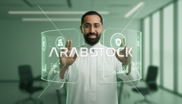 رجل سعودي يتفاعل مع واجهة هولوغرافية مستقبلية