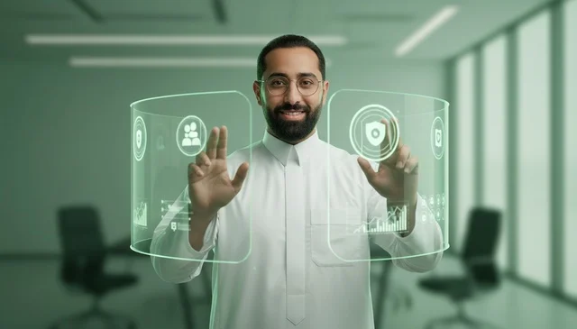 Saudi Man Interacting with Futuristic Holographic Interface