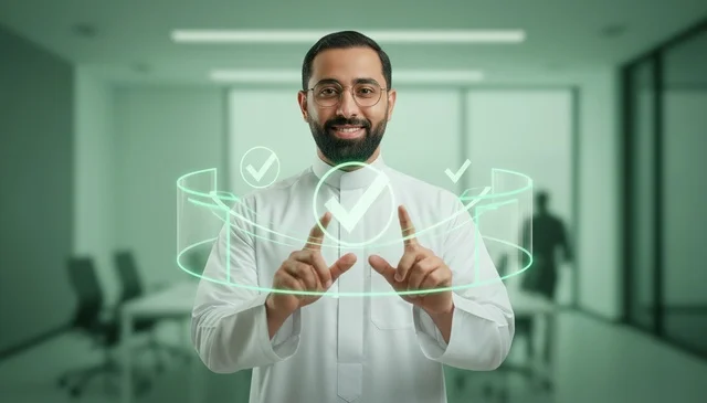 رجل سعودي مع هولوغرام تحقق رقمي في المكتب
