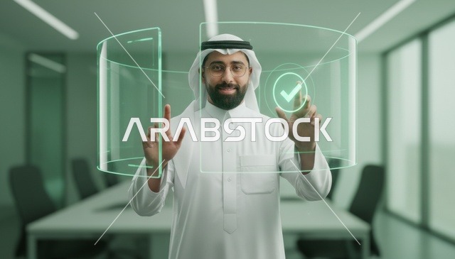 رجل أعمال سعودي يتفاعل مع واجهة هولوغرام رقمية
