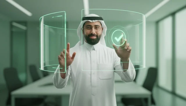 Saudi Businessman Interacting with Digital Hologram Interface
