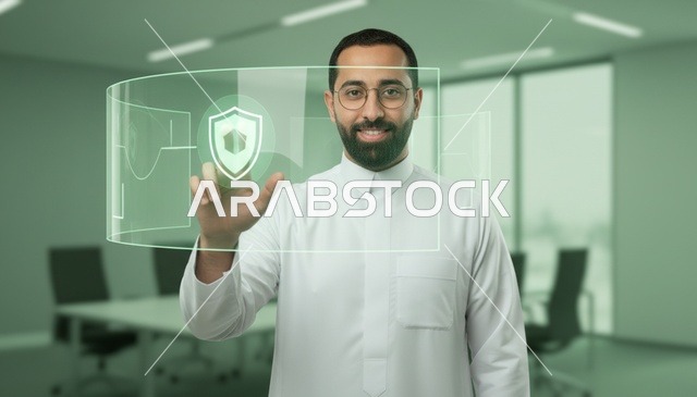 رجل سعودي يستخدم واجهة هولوغرام للأمن الرقمي