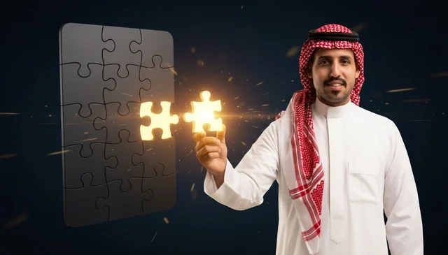 Saudi Man in Traditional Thobe Solving Glowing Puzzle