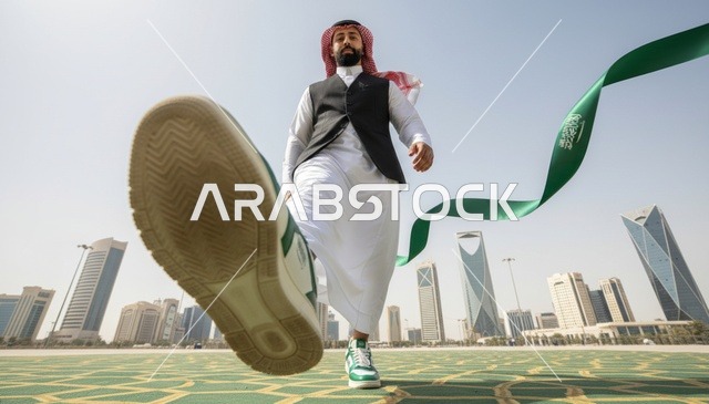 رجل سعودي في أفق مدينة الرياض مع علم المملكة