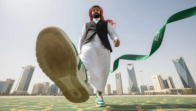 Saudi Man in Riyadh Skyline with National Flag Ribbon