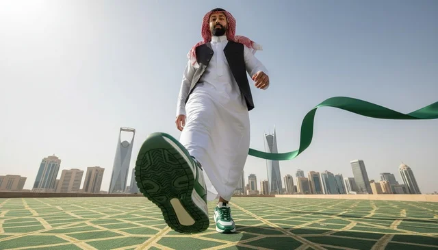Saudi Man in Riyadh Skyline Crossing Green Finish Line