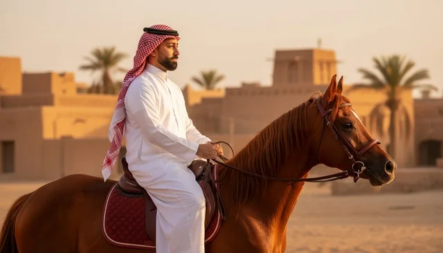 Saudi Man Riding Horse in Heritage Village at Sunset