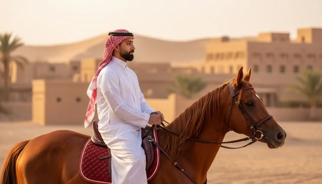 رجل سعودي يمتطي خيلاً في قرية تراثية وقت الغروب