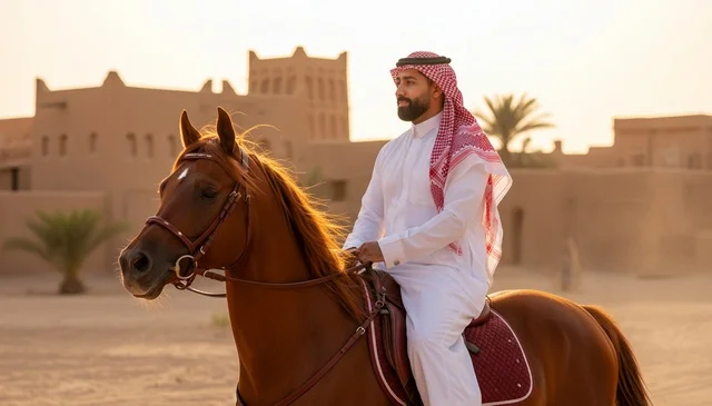 فارس سعودي يركب خيلاً عربياً أمام مبانٍ طينية تاريخية