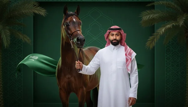 Saudi Man with Arabian Horse and Saudi National Flag Portrait